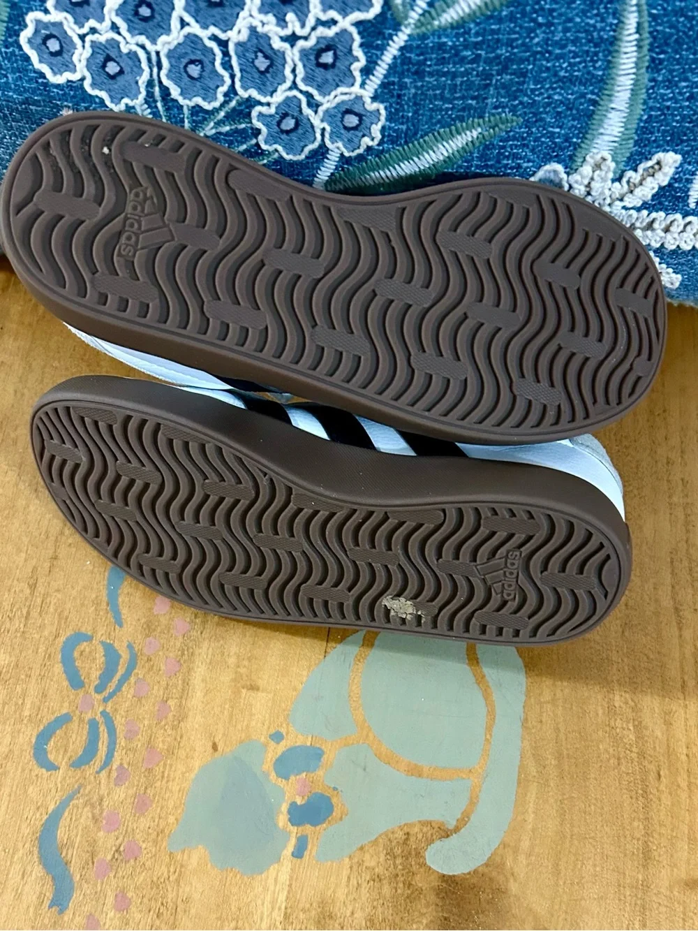 adidas Kids White Sneakers with Black Stripes and Brown Outsole